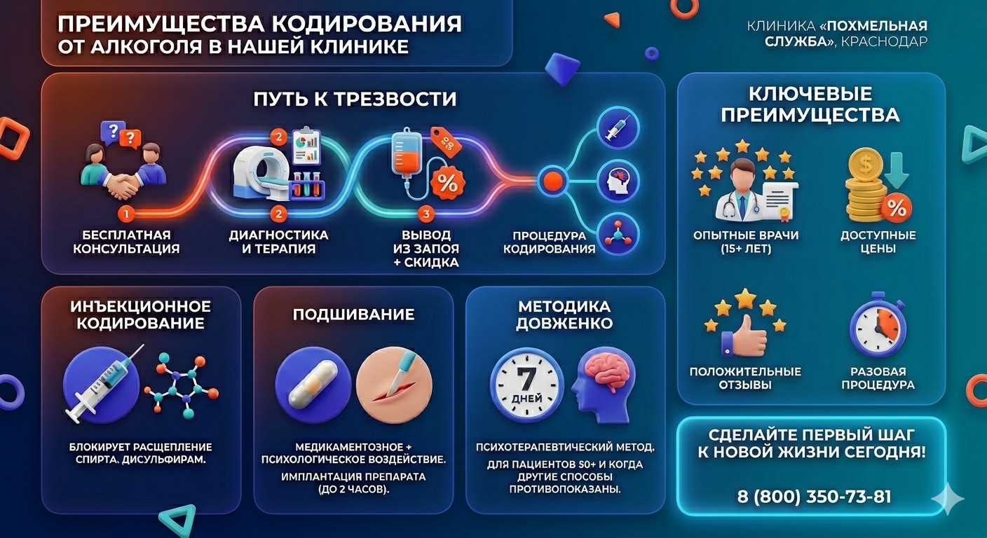 Инфографика о методах кодирования от алкоголя в Курской: инъекции, подшивание, метод Довженко. Преимущества клиники и этапы лечения.