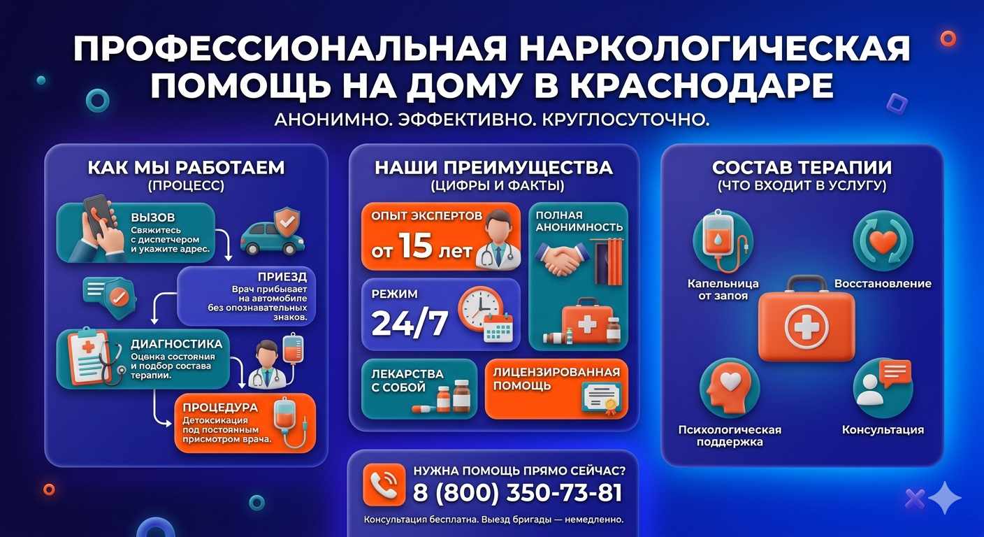 Инфографика о принципах лечения алкоголизма на дому в Курской: этапы вызова нарколога, преимущества анонимной детоксикации и состав медицинской помощи.